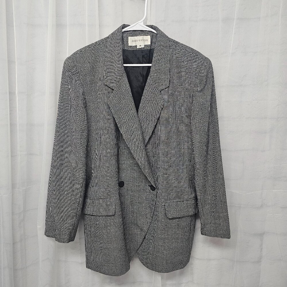 Vintage Jones New York Blazer Black Checked Wool Double Office 16 - Picture 2 of 11
